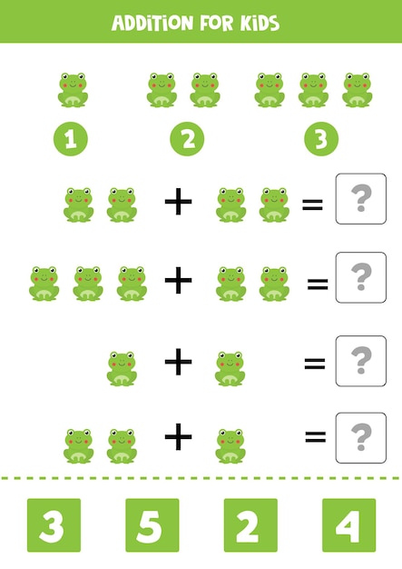 귀여운 만화 개구리와 추가 게임 아이들을위한 수학 게임