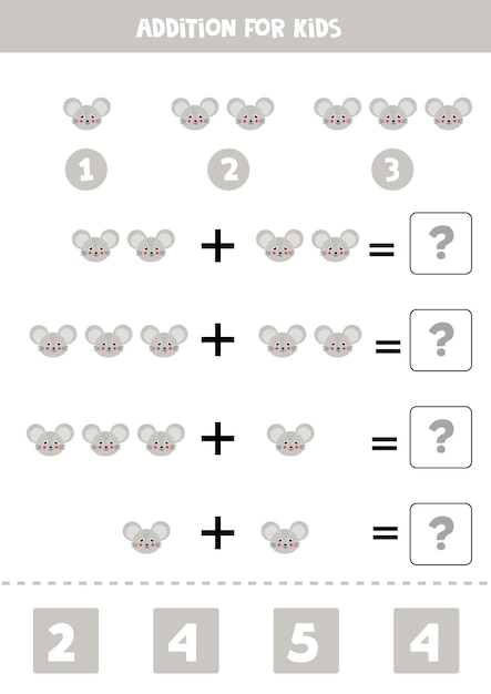 Addition game with cute cartoon mouse face. math game for kids.