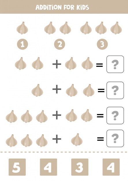 Addition for kids with cartoon garlic. math game.