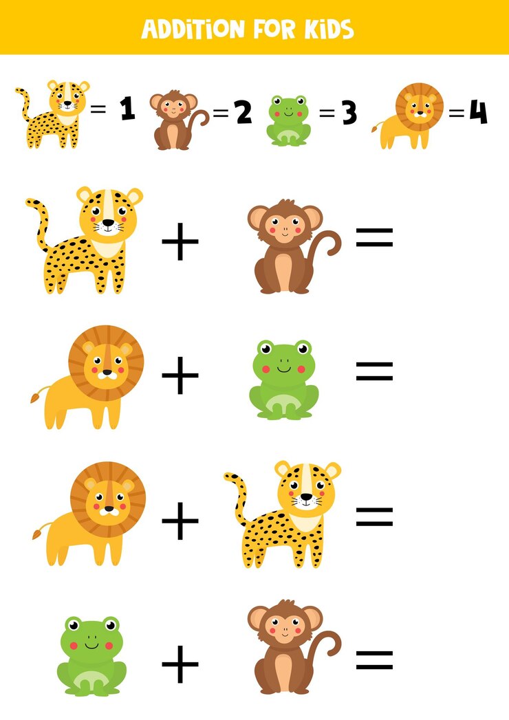 Vector addition for kids with cute cartoon wild animals