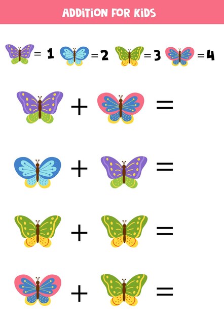 Addition for kids with cute different butterflies