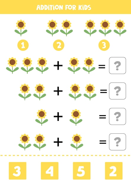 Addition for kids with cute yellow sunflower