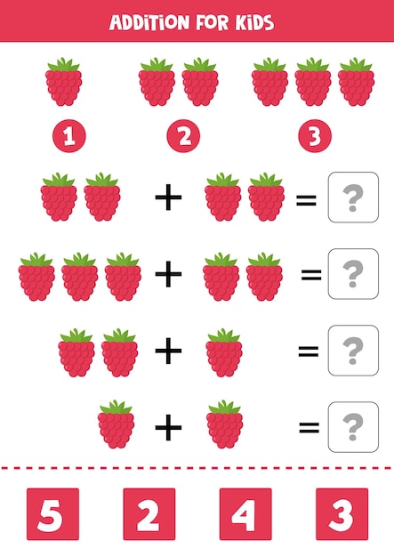 Vector addition for kids with different cute cartoon raspberry