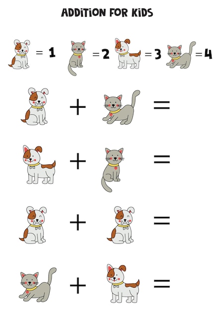 Addition for kids with different cute dogs and cats