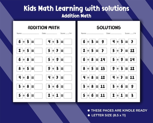 Addition math learning with solutions for preschooler kids