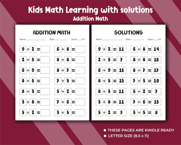 Addition math learning with solutions for preschooler kids