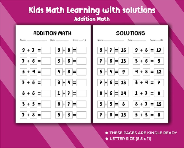 Addition math learning with solutions for preschooler kids