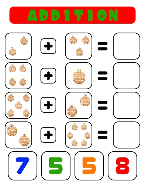 Вектор Сложение мячей задание для детей развивающий образовательный лист цветная страница активности