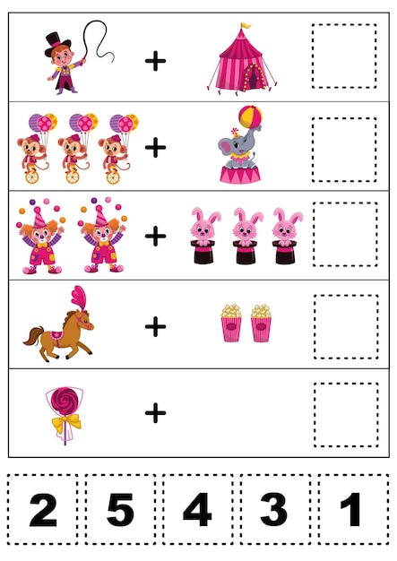 Addition practice sheet for kids in circus theme.