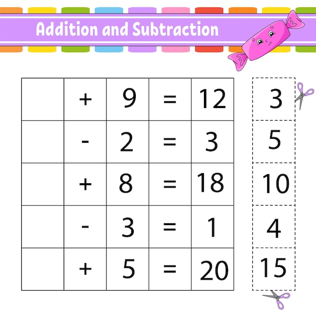 Addition and subtraction Task for kids Cut and paste Education developing worksheet Activity page