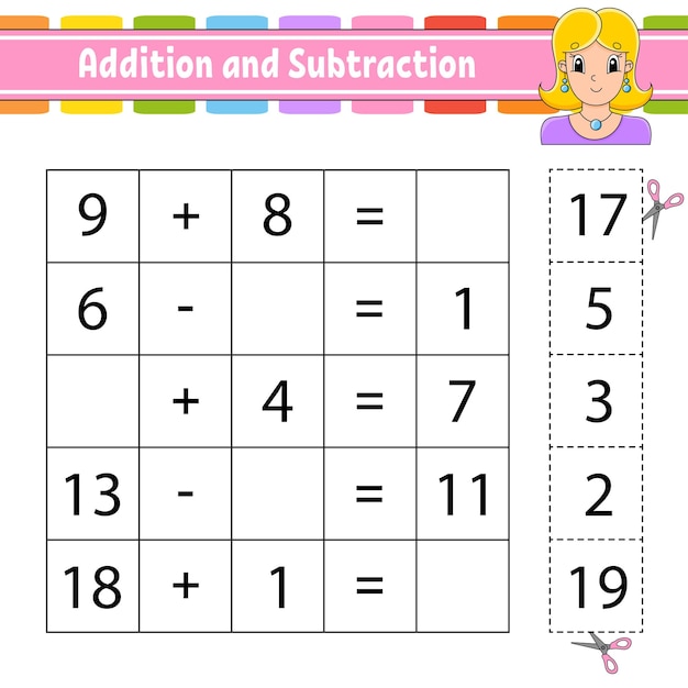 Addition and subtraction task for kids cut and paste education developing worksheet activity page