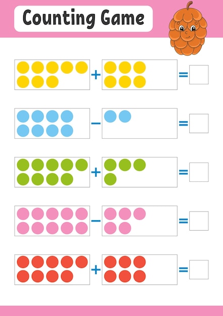 아이들을 위한 덧셈과 뺄셈 작업 교육 개발 워크시트 활동 컬러 페이지 아이들을 위한 게임 재미있는 캐릭터 만화 스타일 벡터 그림