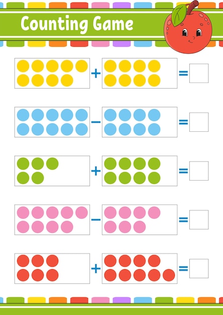 아이들을 위한 덧셈과 뺄셈 작업 교육 개발 워크시트 활동 컬러 페이지