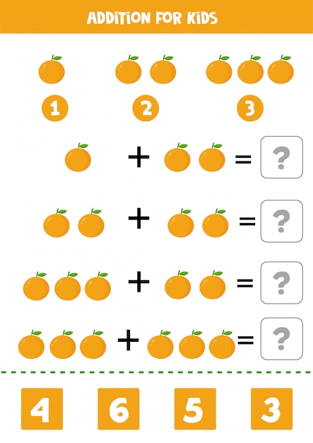 Vector addition with cartoon oranges. math game for kids