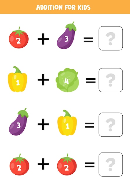 Addition with cartoon vegetables. Educational math game for kids.