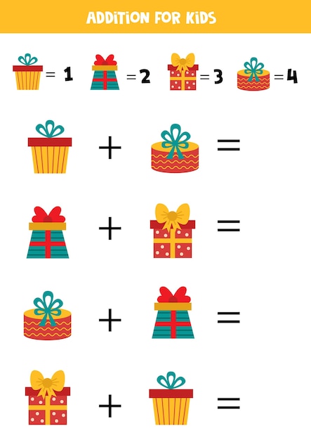 Addition with Christmas gift boxes. Mathematical game for kids.