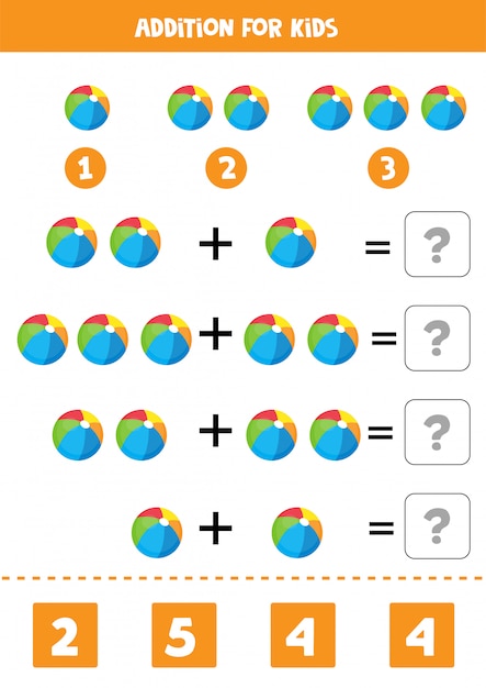 Addition with colorful toy balls. educational math game for kids. learning to solve equations. home education.