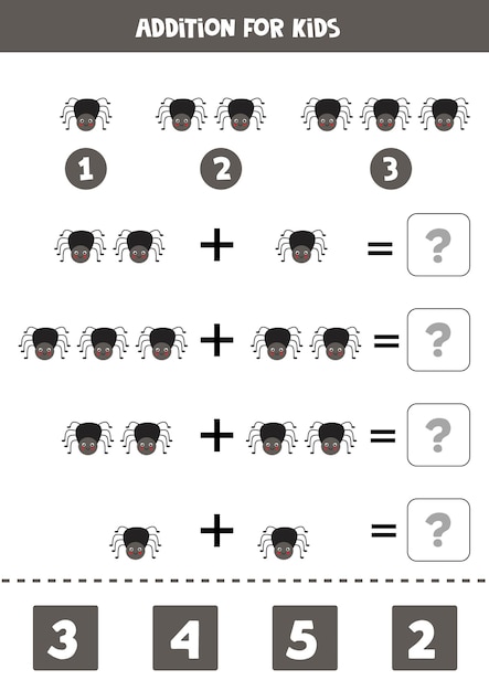 Aggiunta con simpatico ragno nero. gioco di matematica educativo per bambini.