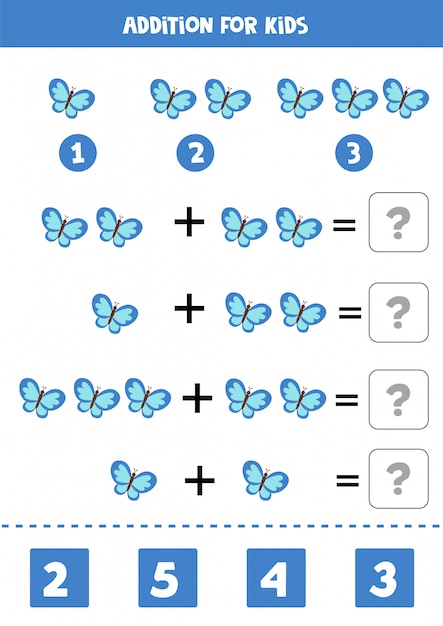 Aggiunta con farfalla simpatico cartone animato. gioco di matematica educativo per bambini.