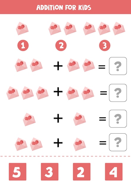 Addition with cute envelope with heart. Educational math game for kids.