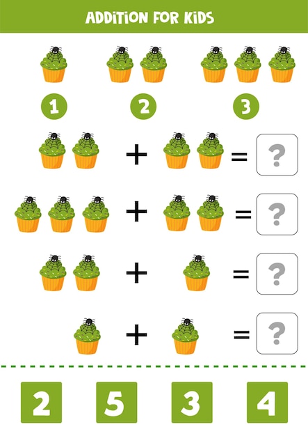 Addition with cute halloween cupcake decorated with spider. educational math game for kids. learning to add objects.