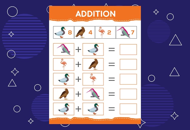아이들을 위한 다른 새와 함께 추가 아이들을 위한 교육용 워크시트 벡터 디자인
