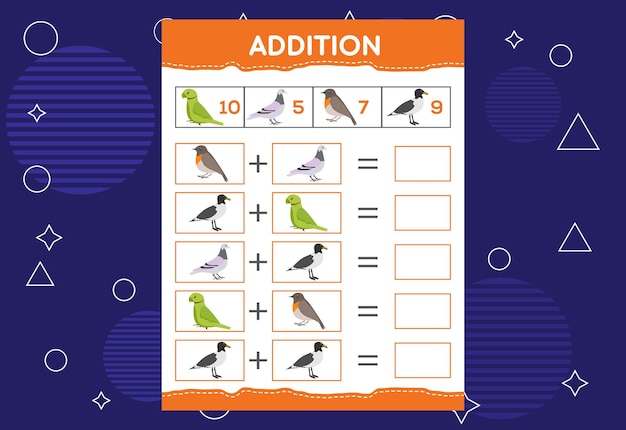 Addition with different birds for kids An educational worksheet for kids Vector design