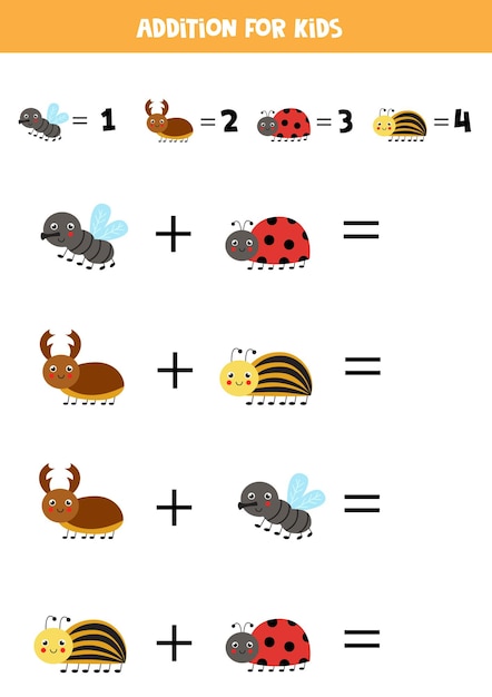 Addition with different cute insects. Educational math game for kids.