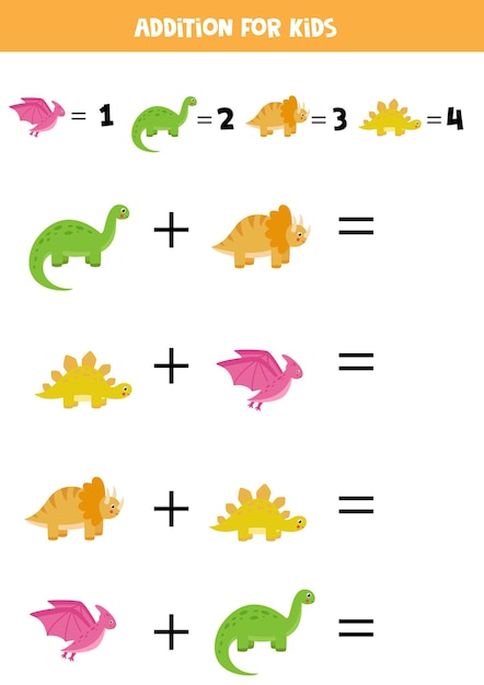 Vector addition with different dinosaurs. educational math game for kids.