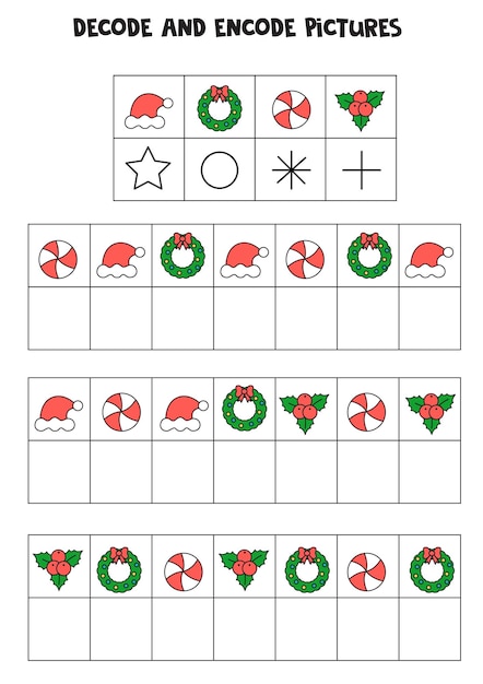 Addition with different objectsdecode and encode pictures. write the symbols under christmas pictures.