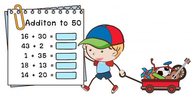 Addition worksheet with boy and wagon