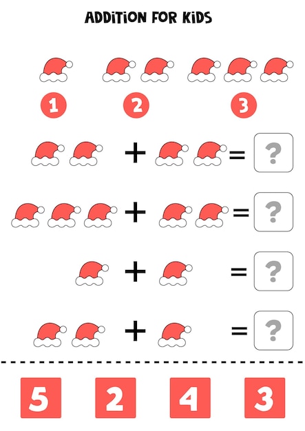 Addition worksheet with cartoon christmas hat. math game.