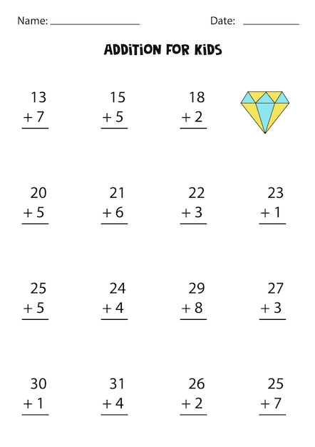 Addition worksheet with cute diamond. Math game.