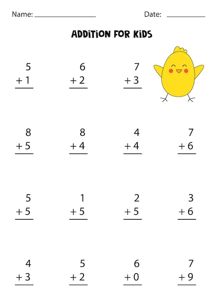 Addition worksheet with cute Easter chicken. Math game.