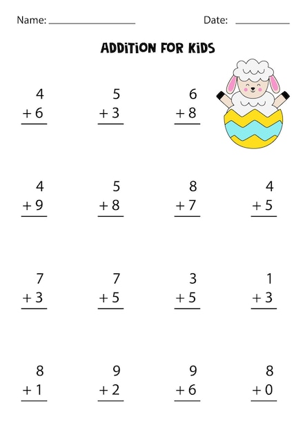 Addition worksheet with cute sheep Math game