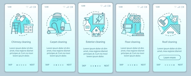 Servizi di pulizia aggiuntivi che integrano la schermata della pagina dell'app mobile, concetti lineari. istruzioni grafiche in cinque passaggi. tetto, moquette, pulizia esterna. ux, ui, modello vettoriale gui, illustrazioni