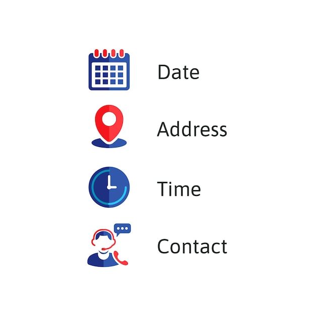 Адрес дата время контактные значки векторная иллюстрация