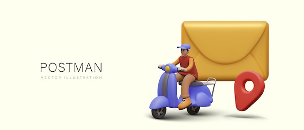 Address delivery advertising Male character on scooter huge envelope geo pin