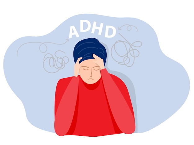 Vettore adhd persone concetto imprenditore è un mal di testa perché stanco di fare il lavoro difficoltà di apprendimento vertigini