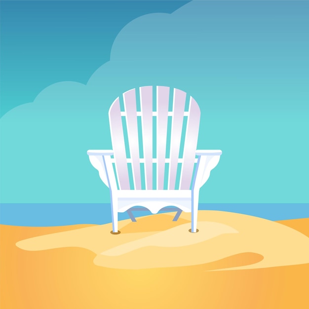 Adirondack chair on the sea beach standing on the yellow sand under the blue cloudy sky, 