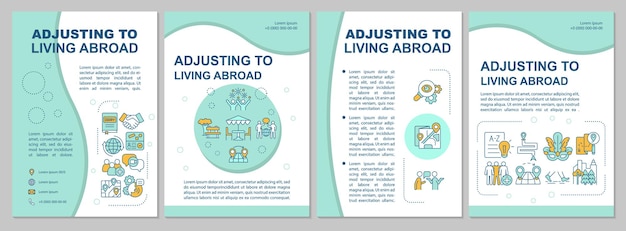 Adjusting to living abroad mint brochure template. moving abroad. flyer, booklet, leaflet print, cover design with linear icons. vector layouts for presentation, annual reports, advertisement pages