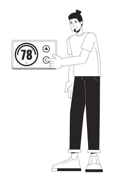 Adjusting thermostat black and white cartoon flat illustration