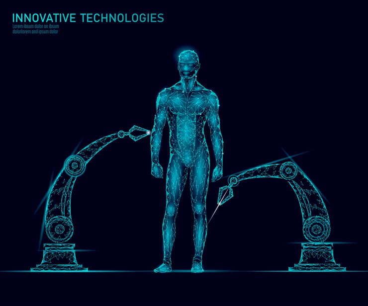 Vector adjustment human body anatomy. dna engineering science innovation superman technology. genome health research cloning medicine low poly  render polygonal virtual reality