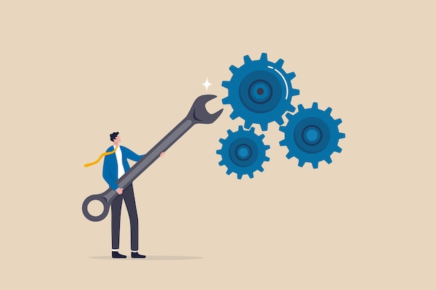 adjustment and optimization for business improvement, change or fine tune for smooth ride, repair and maintenance service concept, businessman holding wrench to adjust gear cogwheels setting.