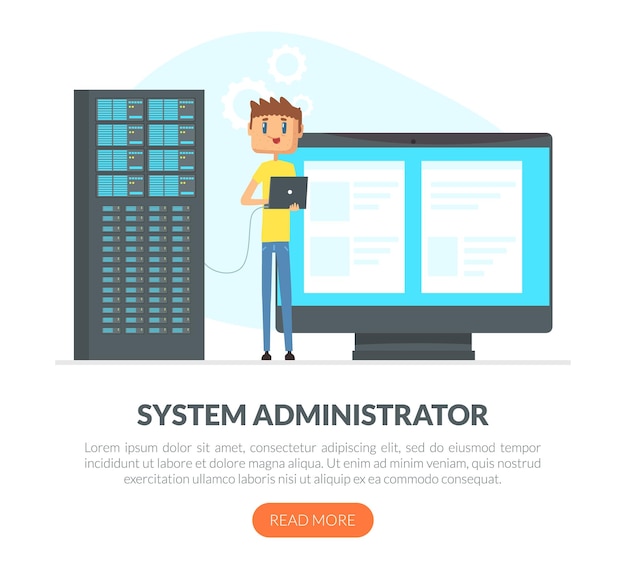 administrative support service with sysadmin fixing server on computer screen web banner template