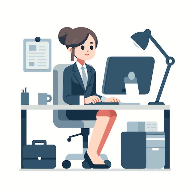 Vector administrative woman working at a computer with a flat design style