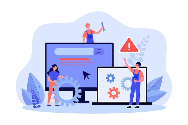 ベクトル 管理者がコンピューターの問題を修正します。レンチフラットベクトルイラストと修理サービスの小さな男性労働者。バナー、ウェブサイトのデザインまたはランディングウェブページのpcコンセプトのメンテナンス、技術サポート