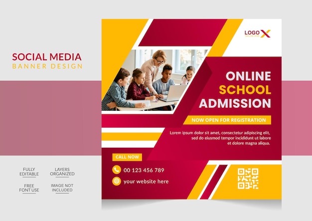 Admission school social media post or modern web banner design editable template