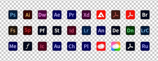 Vector adobe product logotype set of adobe products adobe illustrator photoshop creative cloud after effects lightroom adobe programs logos collection editorial vector illustration