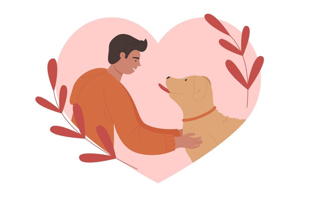 Vector adopt dog happy man and doggy friend guy pet owner and funny puppy inside pink heart